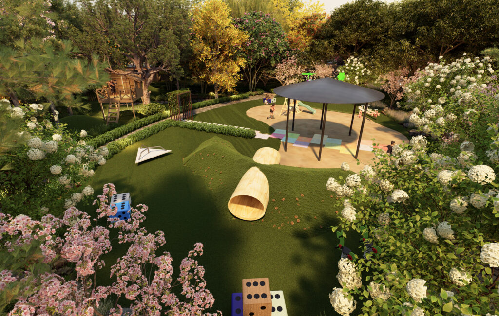 Nature-inspired children’s play area at Codename Forest View surrounded by lush greenery